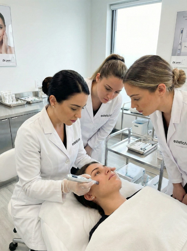 Eine zeitgemäße Kosmetikpraxis: Drei Fachkräfte in professioneller Kleidung führen konzentriert eine Gesichtsbehandlung durch. Die Atmosphäre ist geprägt von Präzision, Expertise und dem Einsatz fortschrittlicher Hauttechnologien in einer hygienischen Umgebung.