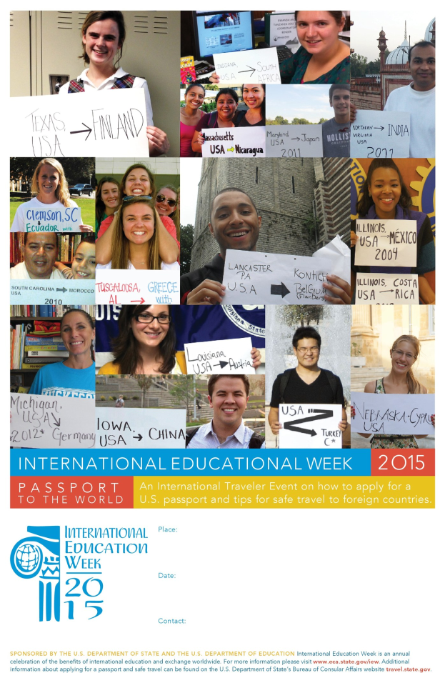 Eine Gruppe strahlender Menschen mit Schildern, auf denen Text über die Internationale Bildungswoche 2015 steht.