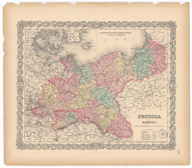 Ein altes Kartenblatt von Preußen und Sachsen, das ihre Grenzen zeigt, auf Papier gedruckt.