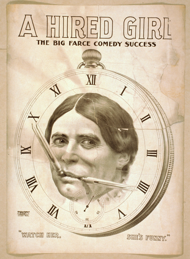 Plakat für "Eine angestellte Frau: Der große Farce-Comedy-Erfolg" mit einer entschlossenen Person im Hintergrund.