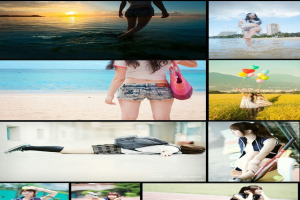 Ein Mädchen in verschiedenen Posen, einschließlich Stehen und Liegen, vor einem Strand, mit Ballons in einigen Bildern.