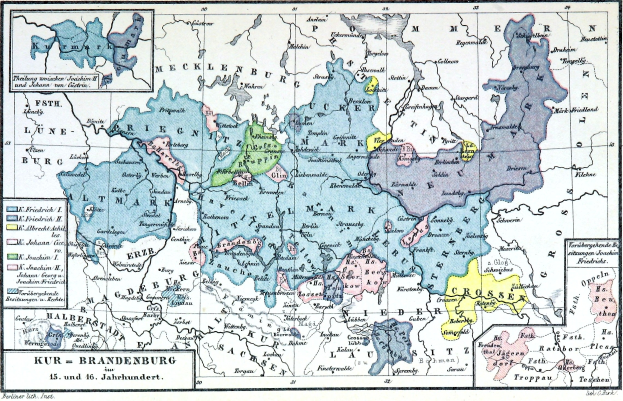 Ein detailliertes Deutschlandkartenplakat, das die Provinz Brandenburg hervorhebt, einschließlich Städte, Ortschaften und geografische Merkmale, mit Text, der Namen und Hauptstädte von Provinzen angibt.