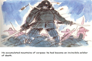 Ein Soldat steht in der Mitte mit einem Berg von Kursen hinter ihm, der seine Unbesiegbarkeit symbolisiert.