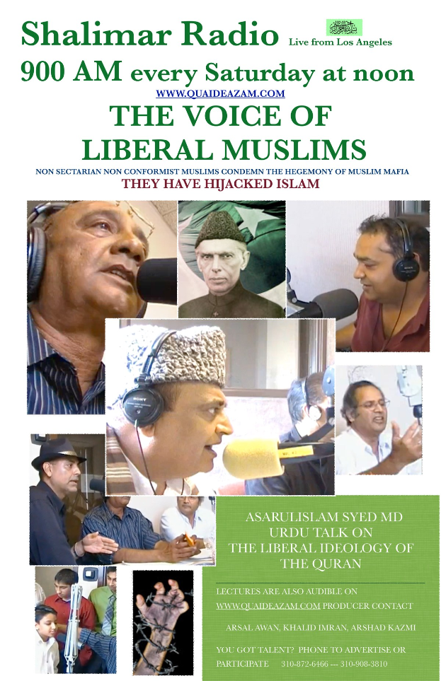 Plakat, das die Radioshow "Die Stimme der liberalen Muslime" ankündigt, zeigt Bilder von Menschen mit Kopfhörern und Mikrofonen in einem Gespräch.