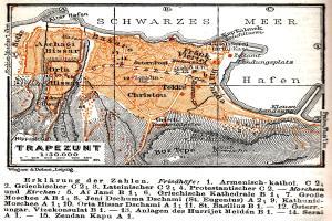 Ein detaillierter alter Stadtplan von Trapezunt, Deutschland, der Stra├čen, Geb├Ąude, Landmarken und begleitenden Text mit Informationen ├╝ber die Bev├Âlkerung, Stra├čen und Landmarken der Stadt zeigt.