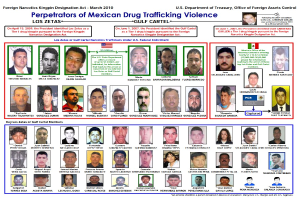 Plakat mit der Überschrift "Täter der mexikanischen Drogenhandelsgewalt" mit Bildern verschiedener Personen und fetter schwarzer Schrift auf einem hellblauen Hintergrund.