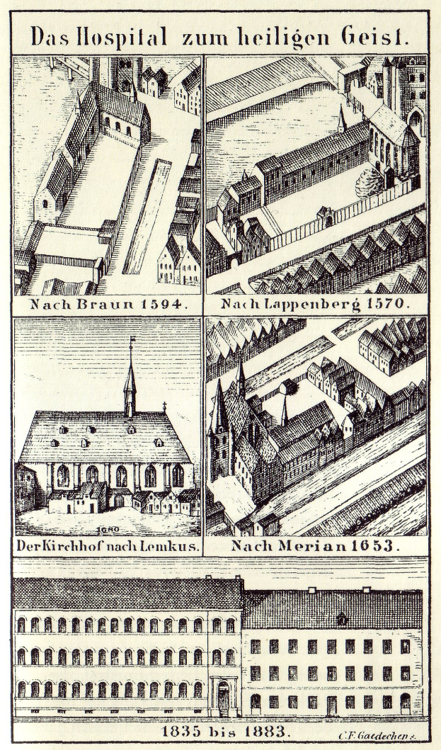 Eine detaillierte Plakatillustration eines deutschen Krankenhauses mit mehreren Gebäuden, Fenstern, Türen und Balkonen, begleitet von Text, der Größe, Lage und Merkmale beschreibt.