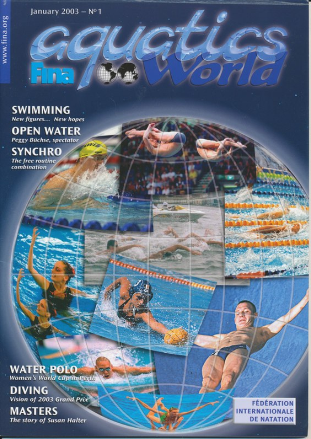 Titelbild der Januarausgabe 2003 der Aquatics FINA World Zeitschrift, das synchronisierte Schwimmer in Bewegung unter einem klaren blauen Himmel zeigt.
