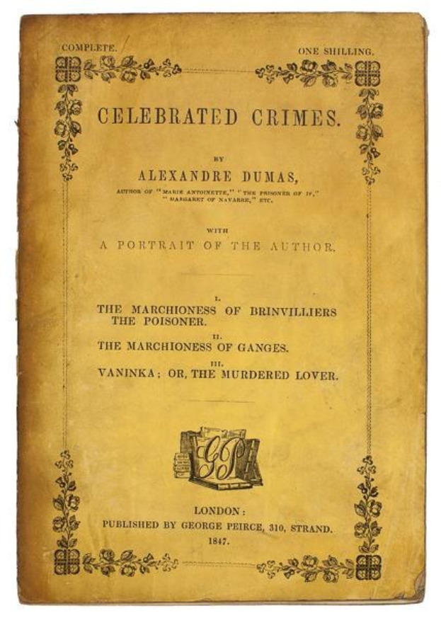 Ein altes Buch mit dem Titel "Berühmte Verbrechen" von Alexandre Dumas, das ein Porträt des Autors und aufwändige Verzierungen auf dem Cover zeigt.