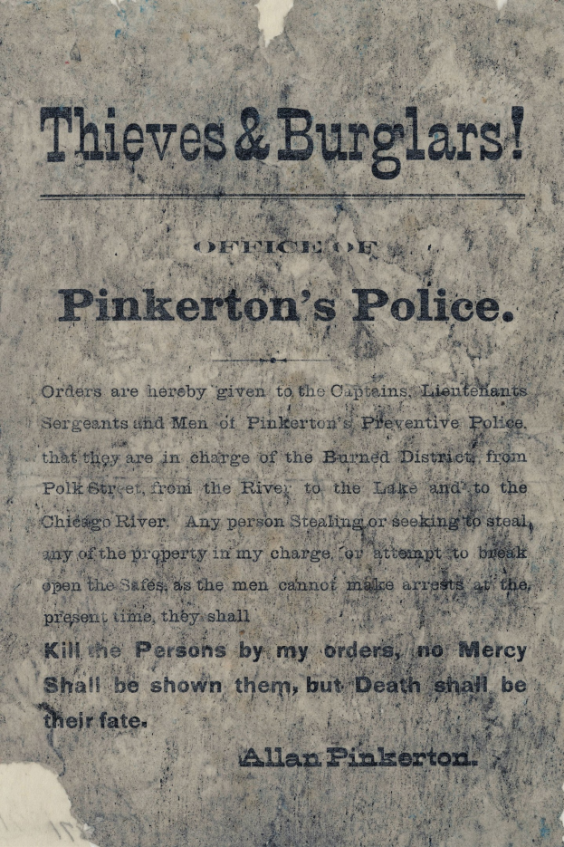 Plakat mit fettem schwarzem Text "Diebe & Einbrecher Pinkerton's Police" in der Mitte auf einem weißen Hintergrund gerahmt von einem schmalen schwarzen Rand.