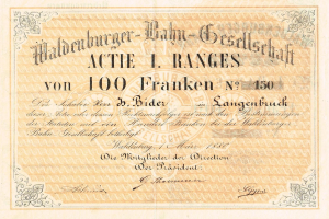 Ein altes deutsches Banknotenbild mit einem Mannporträt und der Inschrift "Haldenburger-Balm Gesellschaft Actie 1 Ranges".