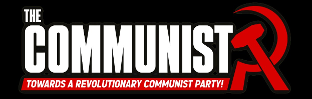 Plakat mit der Aufschrift "Der Kommunist auf dem Weg zu einer revolutionären kommunistischen Partei" in fetter schwarzer Schrift auf einem weißen Hintergrund, eingerahmt von einem roten Rand und einem Hammer und Sichel-Logo.