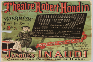 Ein Plakat für das Theatre Robert Houdin in Paris, das eine Person vor einem Tisch mit einem Tuch darauf zeigt, mit Text, der das Theater bewirbt.