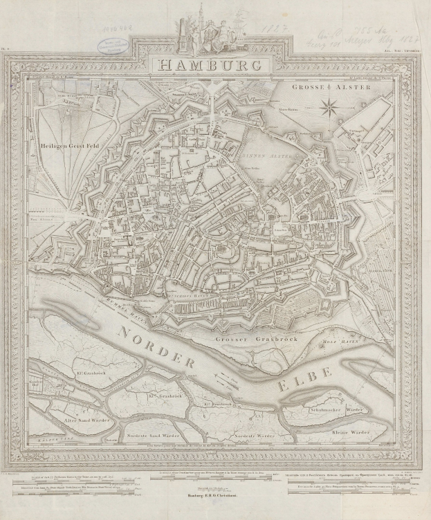 Alte Karte von Hamburg, Deutschland, auf altem Papier gedruckt, zeigt Straßen und Sehenswürdigkeiten.