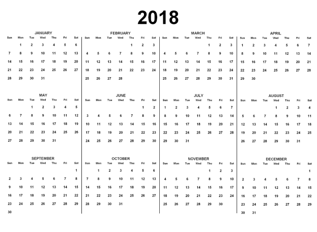Ein Schwarz-Weiß-Kalender für 2018, der die Feiertage der USA auf einem weißen Hintergrund anzeigt, mit Tagen, die in Wochen organisiert sind und Feiertage in fetter schwarzer Schrift.