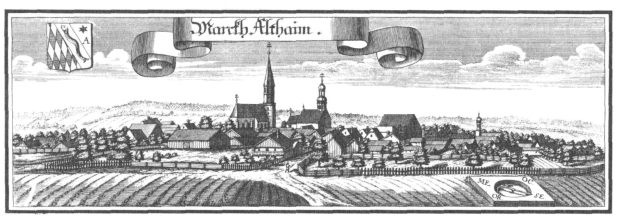 Schwarz-weiß-Zeichnung einer Stadt mit einer zentralen Kirche, umgeben von Häusern, Bäumen und einem bewölkten Himmel, mit einem Textband oben.