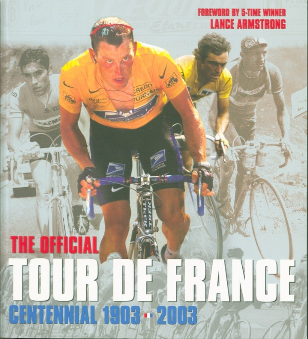 Offizielles Tour-de-France-Jubiläumsplakat (1903–2003) mit einer Gruppe von Radfahrern und einem Textfeld.