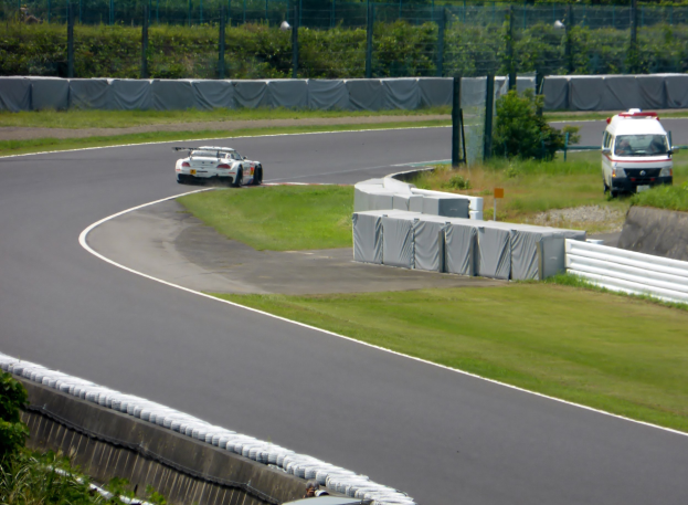 Ein Rennwagen fährt auf einer Rennstrecke mit einem Polizeiwagen im Hintergrund, umgeben von Gras, Pflanzen, Bäumen und Absperrungen, mit einem Fahrzeug auf der rechten Seite und Text unten.