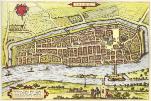 Ein detailliertes Stadtplan-Poster von Bremen, Deutschland, das Straßen, Gebäude, Sehenswürdigkeiten und begleitenden Text zeigt.