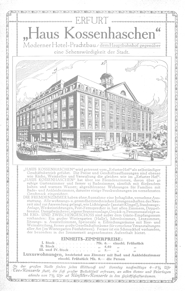 Alte Werbung für ein deutsches Hotel mit einem zweistöckigen Gebäude mit rotem Dach, weißen Wänden und einem großen Fenster im zweiten Stock, mit fetter Schrift in einem dekorativen Rahmen.