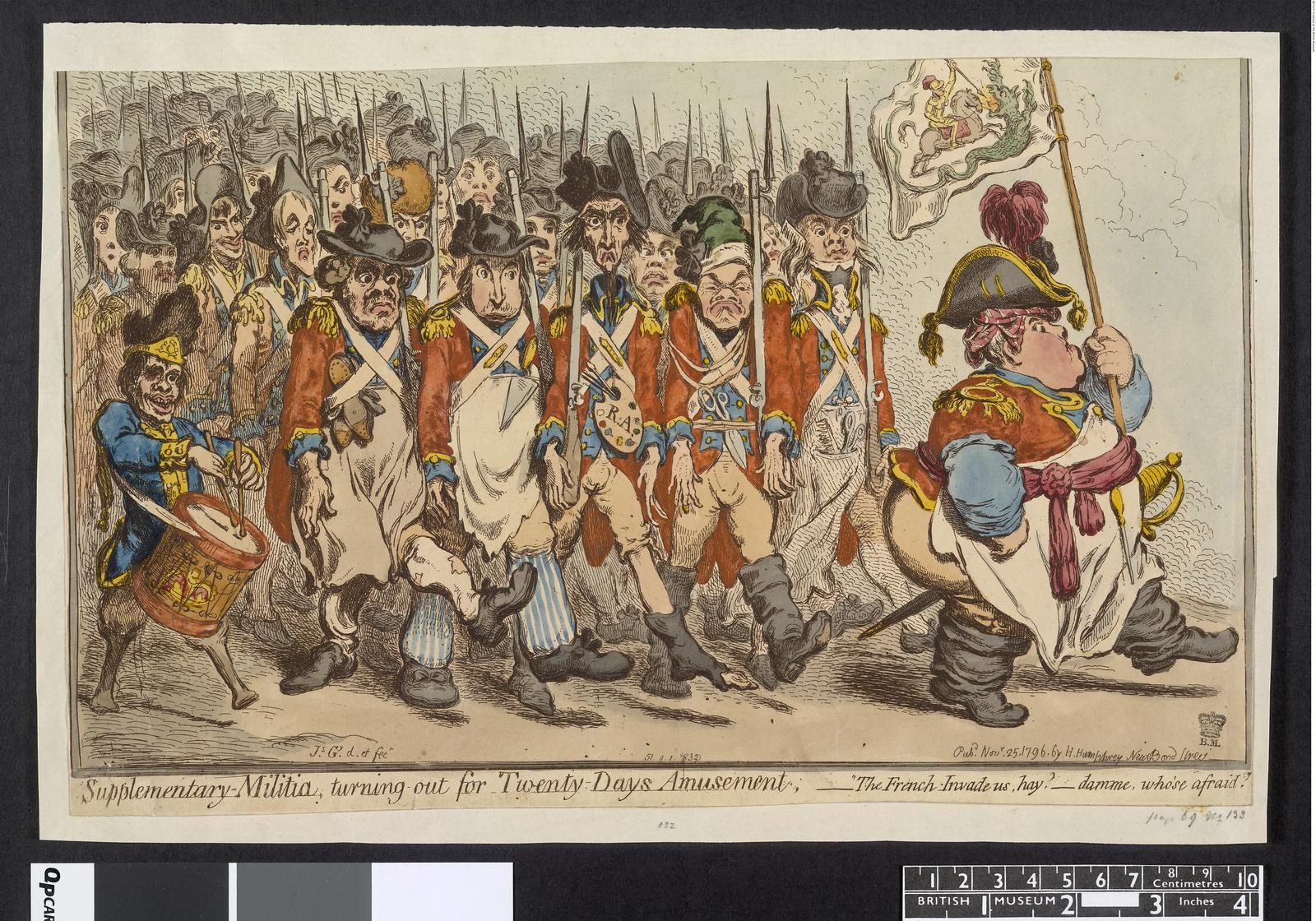 Gruppe von Männern in Militäruniformen marschiert auf einer Straße, einer hält einen Stock in der Hand, mit Text unten: 'Ergänzender Miliz, Ausmarsch für Zwanzig-Tage-Vergnügen'.