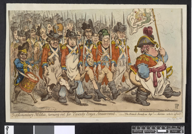 Gruppe von Männern in Militäruniformen marschiert auf einer Straße, einer hält einen Stock in der Hand, mit Text unten: 'Ergänzender Miliz, Ausmarsch für Zwanzig-Tage-Vergnügen'.