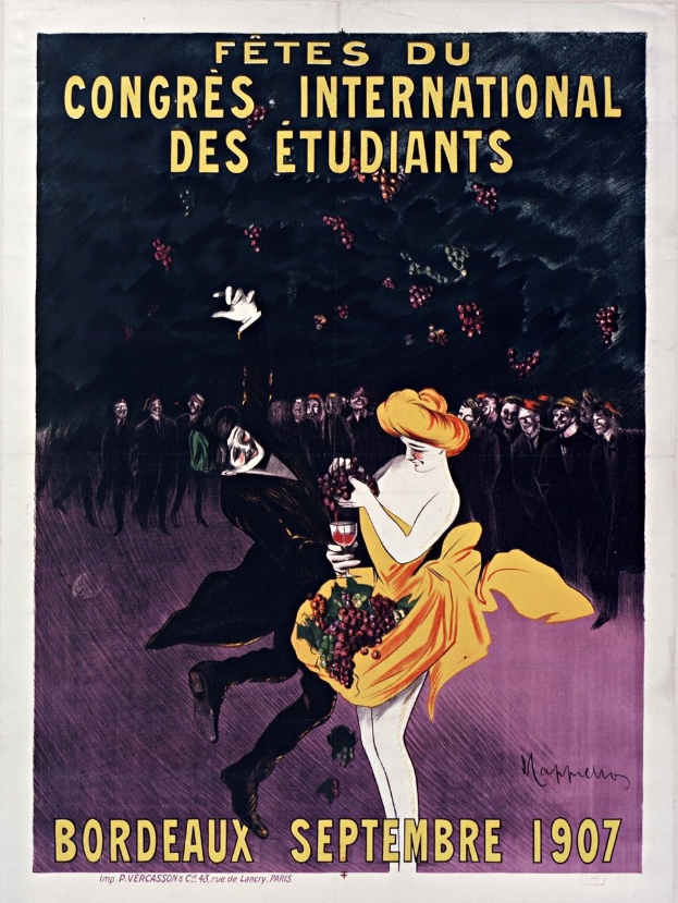 Plakat aus dem Jahr 1907 für eine Weinprobe in Bordeaux, Frankreich, mit einer Frau in gelbem Kleid und einem Weinglas in der Hand in einer Gruppe von Menschen, mit Veranstaltungstext.