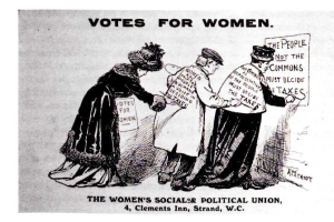 Cartoon von drei Frauen in traditioneller Kleidung, die ein Papier mit der Aufschrift "Votes for Women: The Women's Social & Political Union" halten, vor einem hellblauen Himmel mit weißen Wolken.