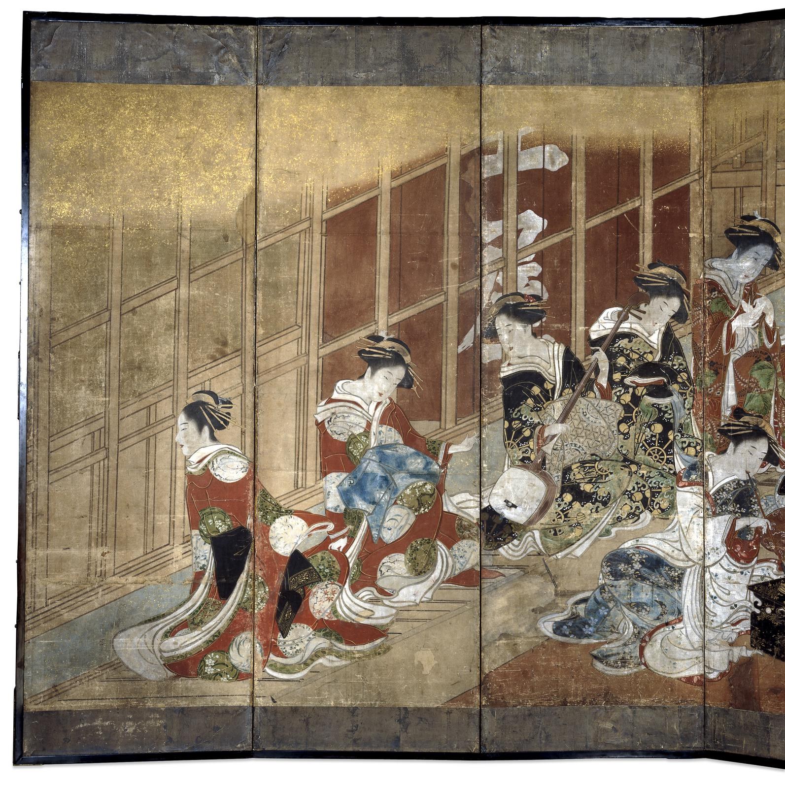 Ein japanisches Vier-Paneel-Bild aus der Meiji-Zeit, das eine Gruppe von Frauen in farbenfrohen Kimonos zeigt, die in einem Kreis stehen, wobei eine Frau in der Mitte die Arme ausstreckt.