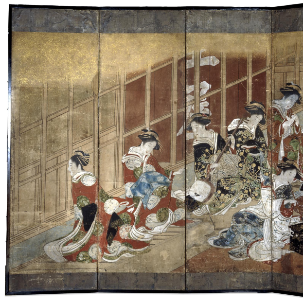 Ein japanisches Vier-Paneel-Bild aus der Meiji-Zeit, das eine Gruppe von Frauen in farbenfrohen Kimonos zeigt, die in einem Kreis stehen, wobei eine Frau in der Mitte die Arme ausstreckt.