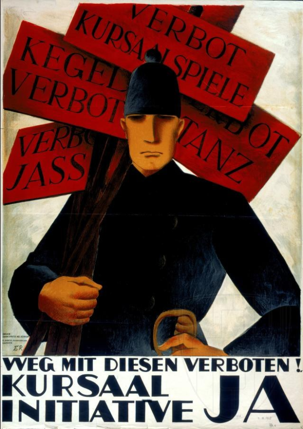 Deutsches Propagandaplakat für die Kursaal-Initiative, das einen Mann in militärischer Uniform zeigt, der ein Schild mit der Aufschrift "Weg mit diesen Verboten" hält