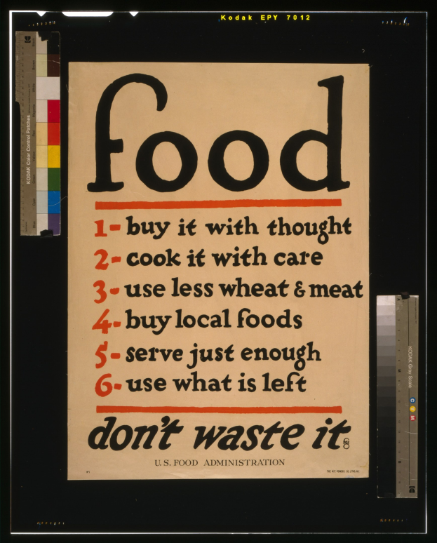 Plakat mit Text, der den bewussten Umgang mit Lebensmitteln und die Reduzierung von Abfällen fördert.