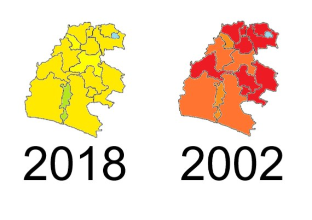 Karte von Deutschland, die die provinziellen Grenzen von 2002 und 2018 in Gelb, Rot und Orange auf einem weißen Hintergrund mit Text hervorhebt.