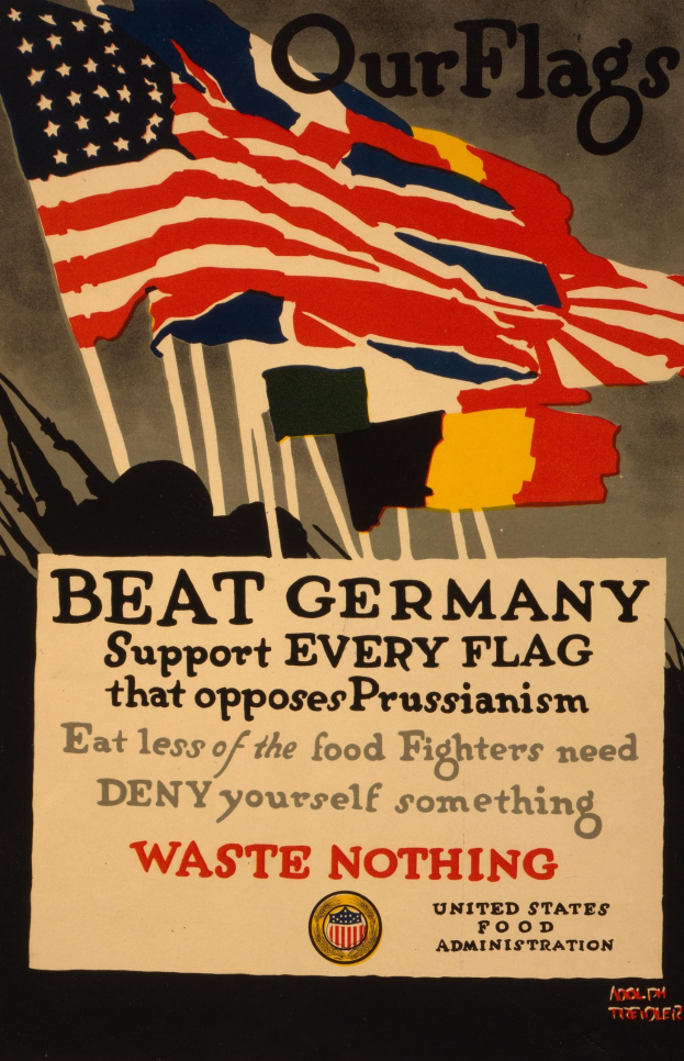Plakat mit einer roten, weißen und blauen Flagge mit einem weißen Stern und schwarzer, fetter Schrift, die "Unsere Flaggen schlagen Deutschland - Unterstützt jede Flagge, die gegen Preußentum kämpft", und einem weißen Rand.