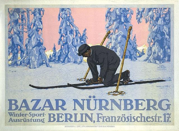 Eine Person auf Skiern mit Skistöcken vor einem Hintergrund aus Bäumen, die das Bazar Nürnberg Winter Sport-Event in Berlin, Deutschland, bewirbt, mit beschreibendem Text.