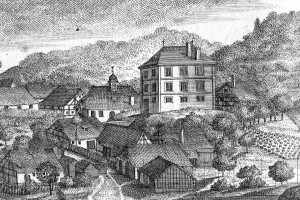 Eine Schwarz-Weiß-Zeichnung einer kleinen Stadt in Bayern im 19. Jahrhundert, die eine zentrale Kirche, umgebende Häuser, Bäume und einen Himmel zeigt, mit Text am unteren Rand, der 'Bayern im 19. Jahrhundert' lautet.