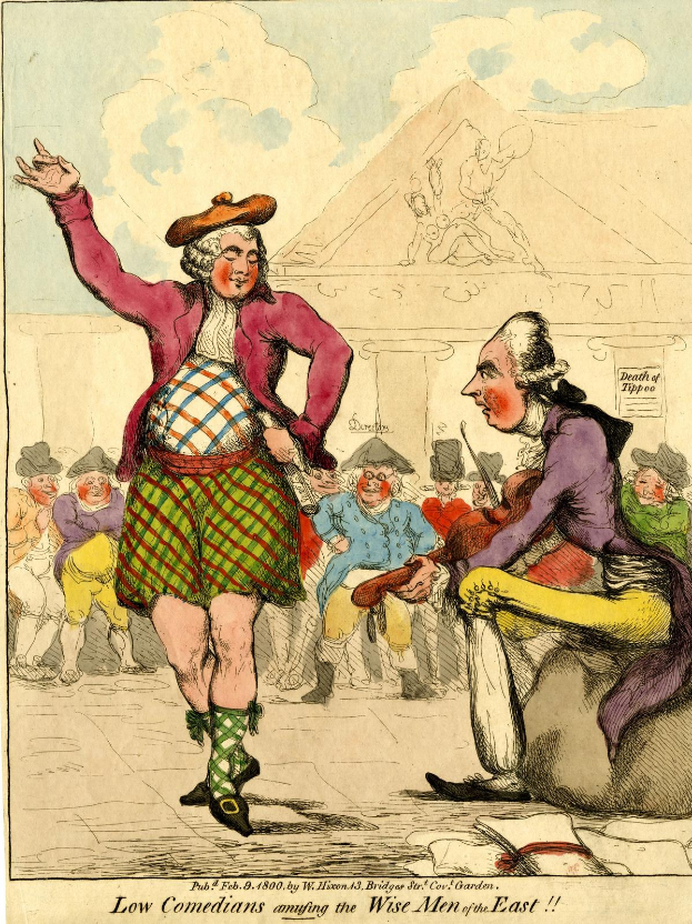 Cartoon eines Mannes in einem Kilt und einer Frau in einem Kleid, die vor einer Menge stehen, mit einem Gebäude und Wolken im Hintergrund und Text unten, der 'Niedrige Komiker, die die weisen Männer des Ostens unterhalten' lautet.