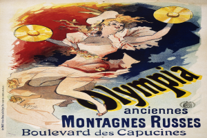 Ein Plakat, das die Olympischen Spiele in Montagnes-Russes, Frankreich, bewirbt, zeigt eine Frau mit menschlichem Gesicht in einem weißen Kleid und einem roten Cape vor einem hellgelben Hintergrund mit der Aufschrift "Olympia" in fetter, schwarzer Schrift.