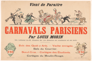 Ein Papier mit der Überschrift "Carnivals Parisiens par Louis Morin" in fetter Schrift, das lebendige Illustrationen von Menschen in bunten Kostümen und Masken bei einer fröhlichen KarnevalsSzene zeigt.