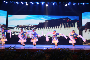 Eine Gruppe von Menschen in bunten Kleidern, die auf einer Bühne tanzen, beleuchtet von Scheinwerfern von oben und umgeben von Pflanzen, mit einem großen Bildschirm im Hintergrund.