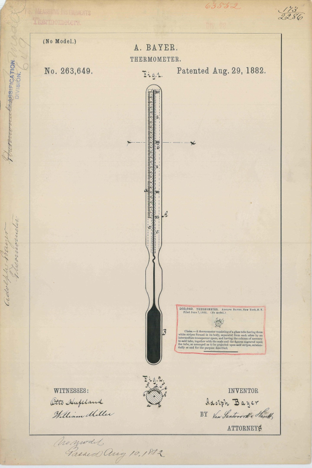 Altes Buch mit einer Zeichnung eines Thermometers, das mit "Bayer Thermometer Patent No. 263,649" beschriftet ist.