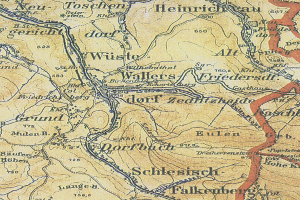 Ein detailliertes altes Stadtplan von Schlesisch, Deutschland, das die Schlacht von Wallers-Friedersdorf mit Text und Zahlen hervorhebt und Straßen, Gebäude und andere Gebietselemente zeigt.