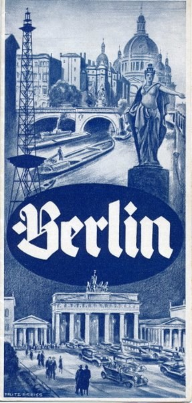 Plakat, das Berlin, Deutschland, zeigt, mit einer Statue, Gebäuden, einem Turm, Menschen, Fahrzeugen auf der Straße und einer Brücke mit Text, der Stadtinformationen bereitstellt.