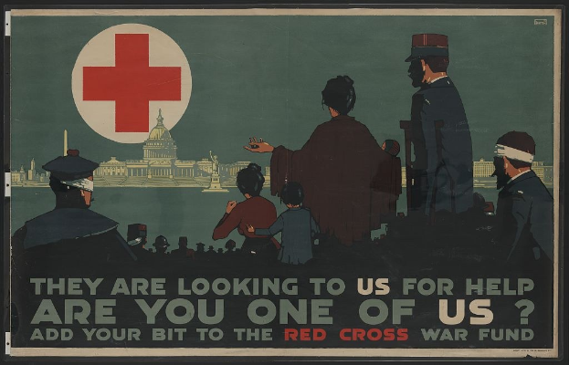 Plakat, das eine Gruppe von Menschen vor einem Geböude mit einem roten Kreuz-Symbol zeigt und die Zuschauer dazu aufruft, für das Rote Kreuz-Kriegsfonds zu spenden.