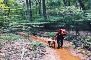 Eine Frau in einem roten Shirt und schwarzen Jeans, die einen Rucksack trägt, geht durch flaches Wasser und hält einen Hund an der Leine, mit Pflanzen und Bäumen im Hintergrund.