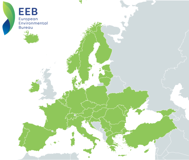 Eine Europakarte mit verschiedenen Grüntönen, die unterschiedliche Regionen anzeigen, und dem Logo des Europäischen Umweltbundes im oberen linken Eck.