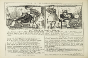 Ein altes Buchcover mit einem Mann in einem Anzug, der in einem Stuhl sitzt und ernst schaut, und einer Frau, die daneben steht und nachdenklich aussieht, mit der Überschrift "Die Macht der öffentlichen Meinung" auf der Seite.