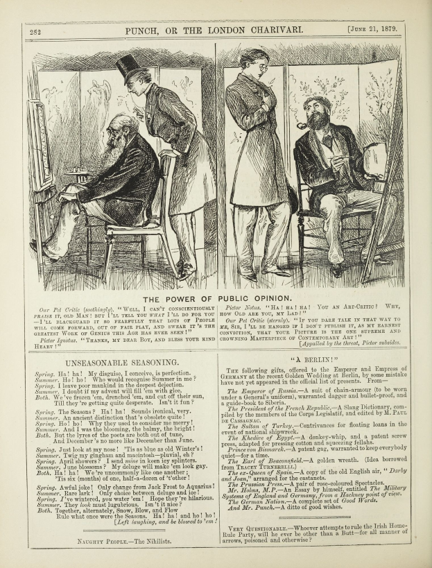 Ein altes Buchcover mit einem Mann in einem Anzug, der in einem Stuhl sitzt und ernst schaut, und einer Frau, die daneben steht und nachdenklich aussieht, mit der Überschrift "Die Macht der öffentlichen Meinung" auf der Seite.