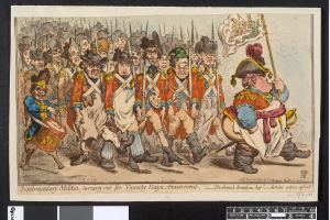 Eine Gruppe von Männern in Militäruniformen marschiert auf einer Straße, einer hält einen Stock in der Hand, mit dem Text «Ergänzungsmilitär, Ausmarsch für Zwanzig-Tage-Vergnügen» unten.