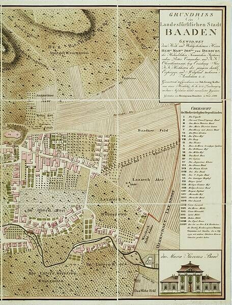 Alte detaillierte Karte von Baden-Württemberg, Deutschland, mit einem Gebäude in der rechten unteren Ecke, das Straßen, Gebäude und Texte mit Stadtinformationen anzeigt.
